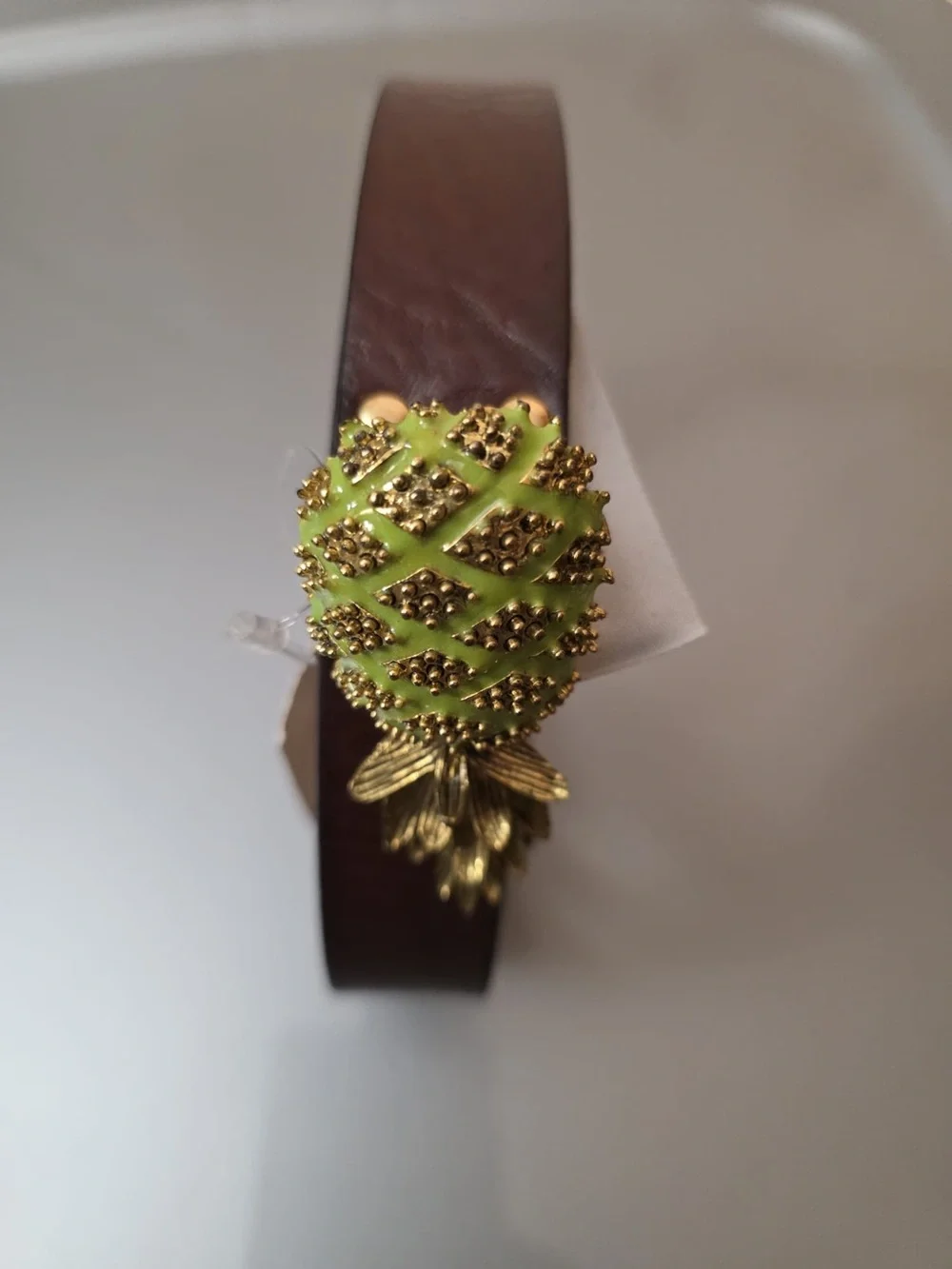 Women’s JCrew Pin Leather Belt - Brown with Green Pineapple Accent. Sz L. NWT - Picture 2 of 4